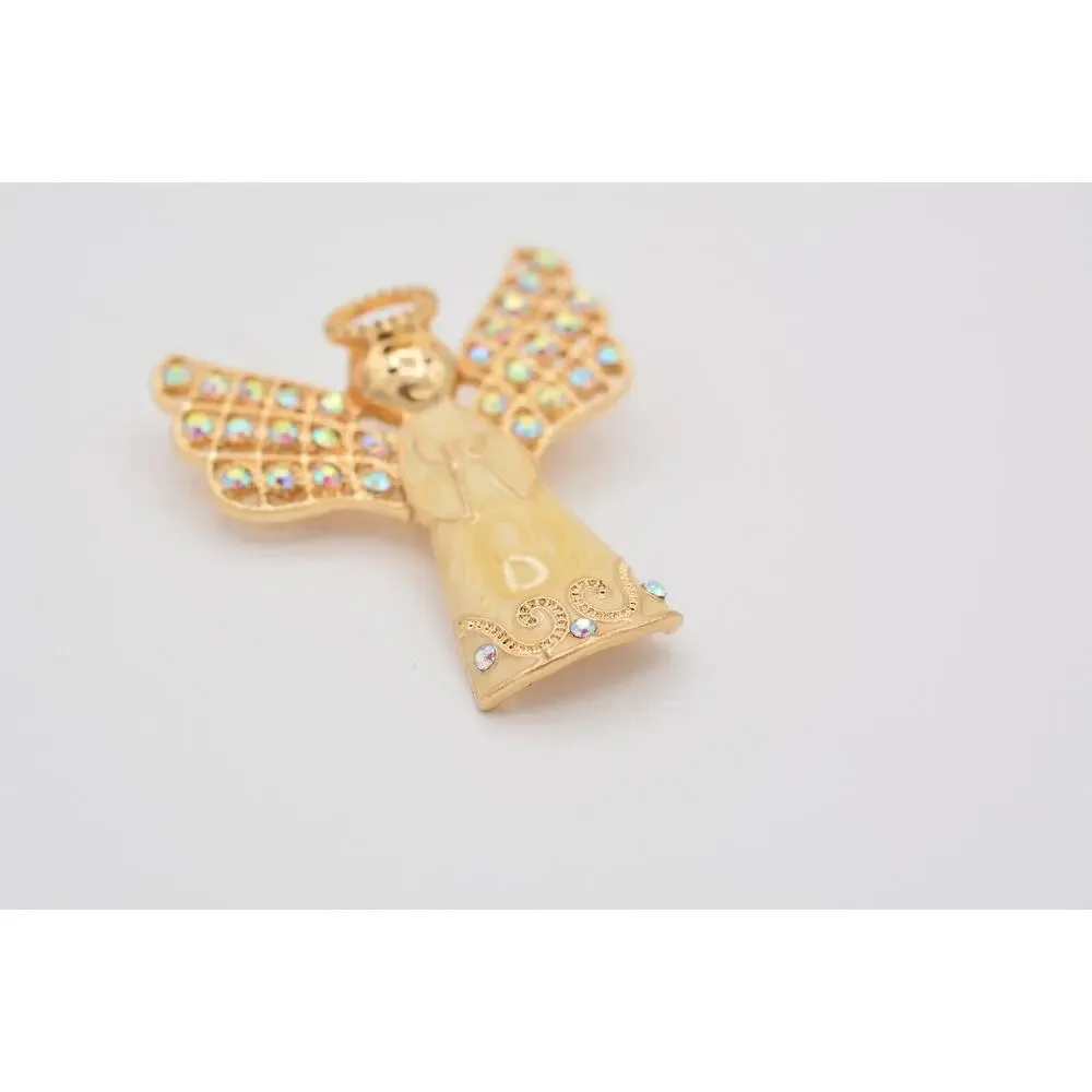 Monet Vintage Crystal Angel Pin Brooch Enamel Gold AB Rhinestone Christmas BinAT